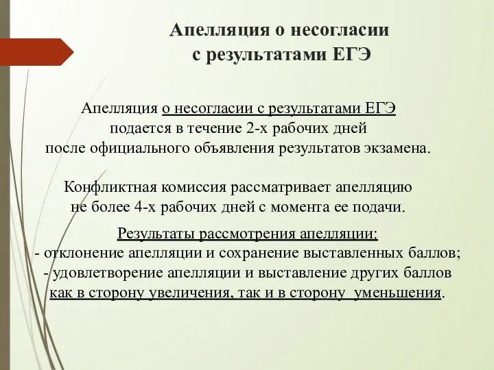 Апелляция о несогласии с результатами ЕГЭ Апелляция о несогласии с