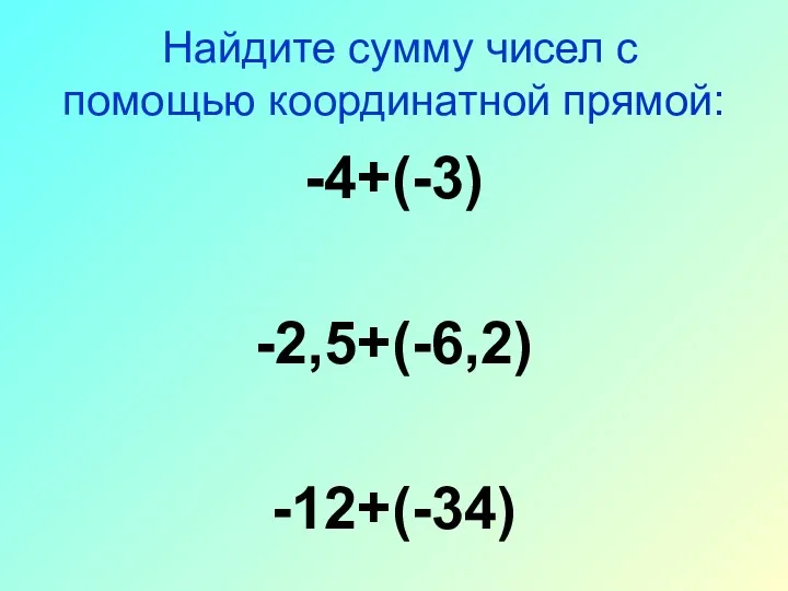 Найдите сумму чисел с помощью координатной прямой: -4+(-3) -2,5+(-6,2) -12+(-34)