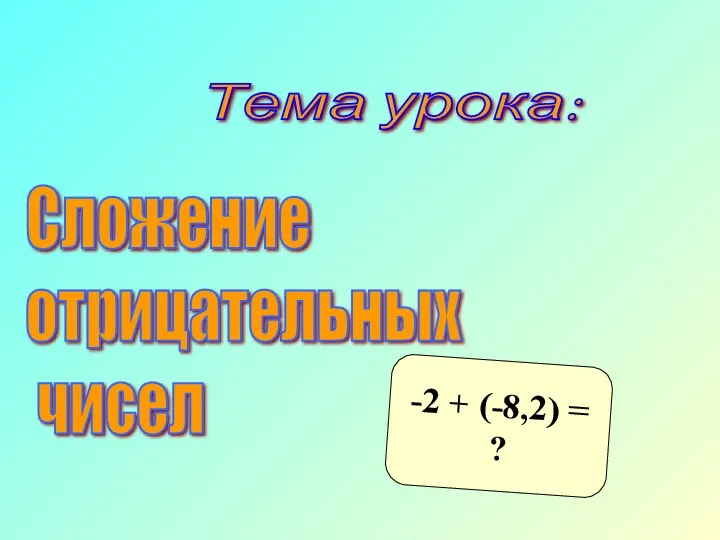 Тема урока: Сложение отрицательных чисел -2 + (-8,2) = ?