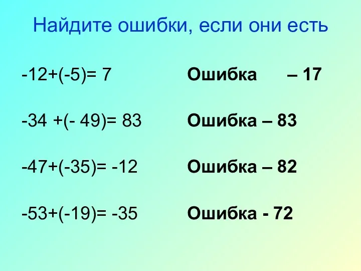 Найдите ошибки, если они есть -12+(-5)= 7 -34 +(- 49)=