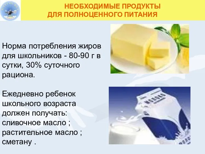 НЕОБХОДИМЫЕ ПРОДУКТЫ ДЛЯ ПОЛНОЦЕННОГО ПИТАНИЯ Норма потребления жиров для школьников