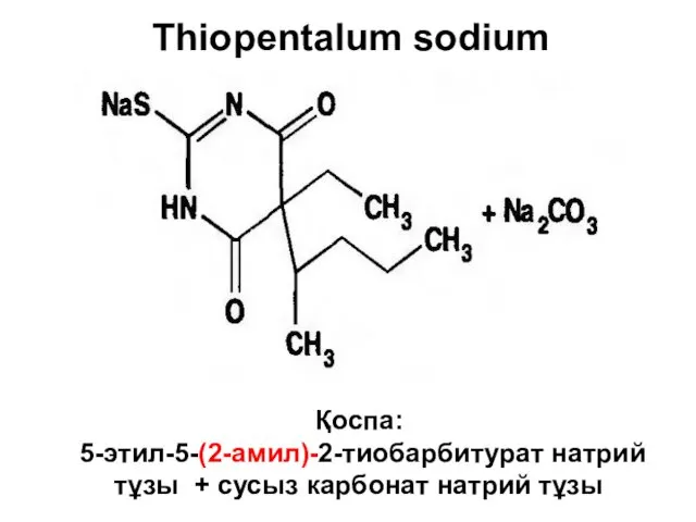Thiopentalum sodium Қоспа: 5-этил-5-(2-амил)-2-тиобарбитурат натрий тұзы + сусыз карбонат натрий тұзы