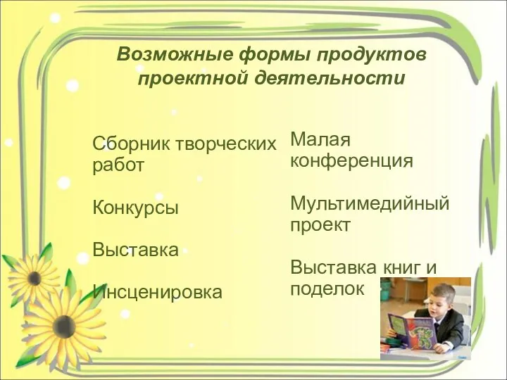 Возможные формы продуктов проектной деятельности Сборник творческих работ Конкурсы Выставка