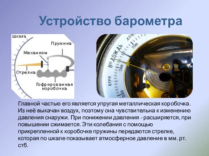 Устройство барометра Главной частью его является упругая металлическая коробочка. Из