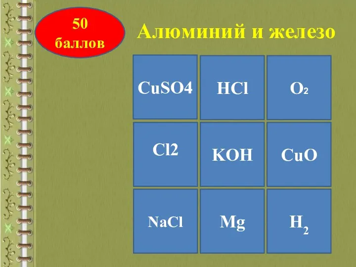 CuSO4 O2 NaCl Cl2 KOH HCl Mg H2 CuO Алюминий и железо 50 баллов