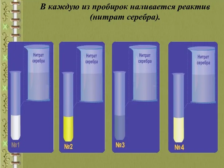 В каждую из пробирок наливается реактив (нитрат серебра).