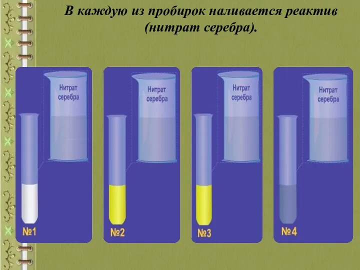 В каждую из пробирок наливается реактив (нитрат серебра).