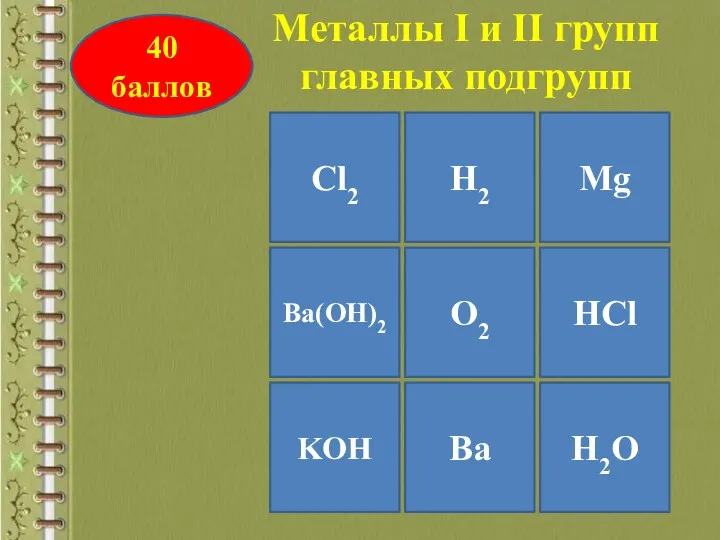 Cl2 Mg KOH Ba(OH)2 O2 H2 Ba H2O HCl Металлы