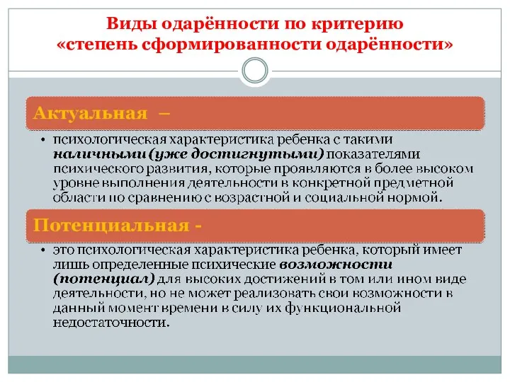 Виды одарённости по критерию «степень сформированности одарённости»