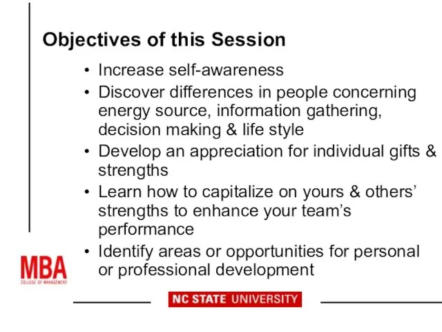 Objectives of this Session Increase self-awareness Discover differences in people