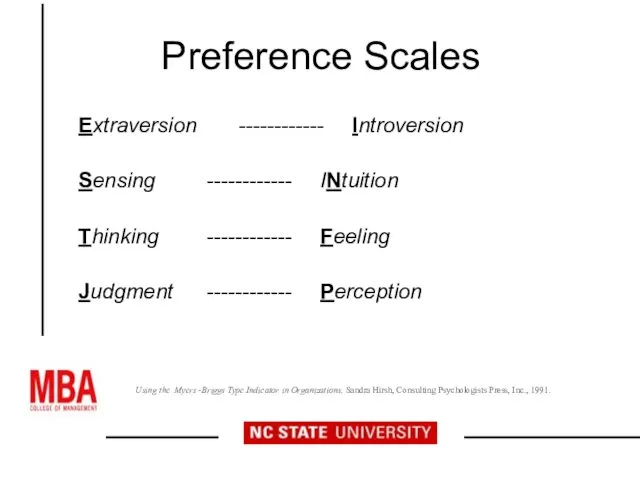 Preference Scales Extraversion ------------ Introversion Sensing ------------ INtuition Thinking ------------