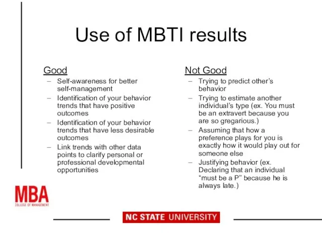 Use of MBTI results Good Self-awareness for better self-management Identification