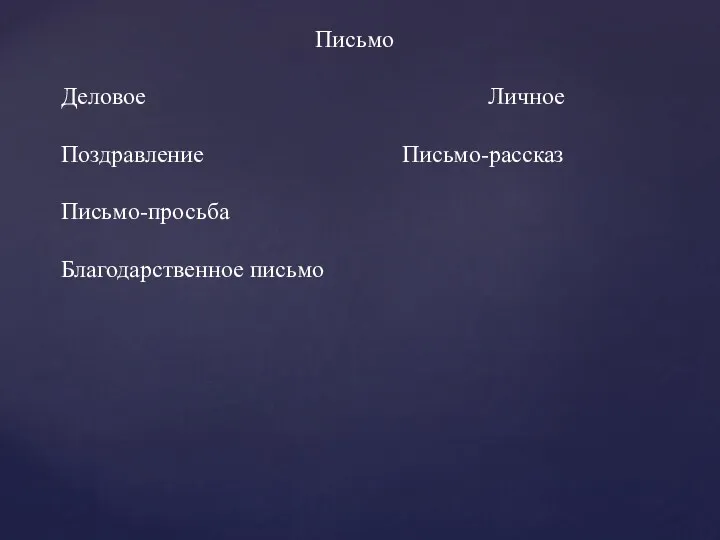 Письмо Деловое Личное Поздравление Письмо-рассказ Письмо-просьба Благодарственное письмо