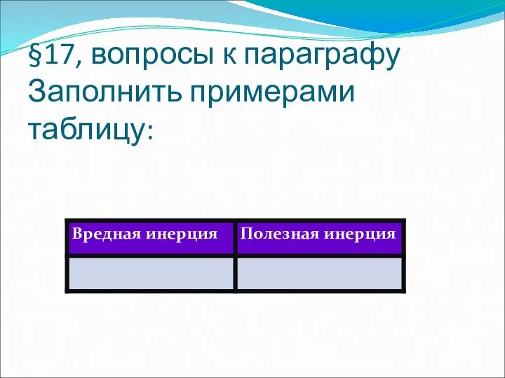 Домашнее задание §17, вопросы к параграфу Заполнить примерами таблицу: