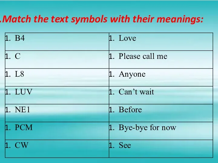 Match the text symbols with their meanings: