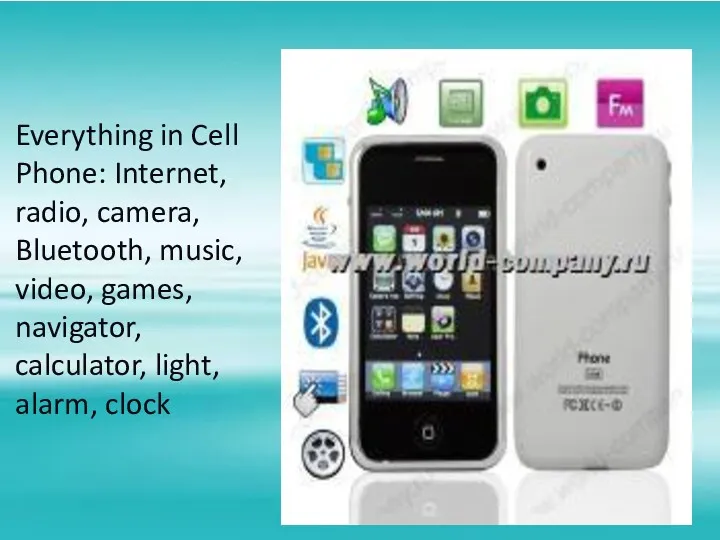 Everything in Cell Phone: Internet, radio, camera, Bluetooth, music, video, games, navigator, calculator, light, alarm, clock