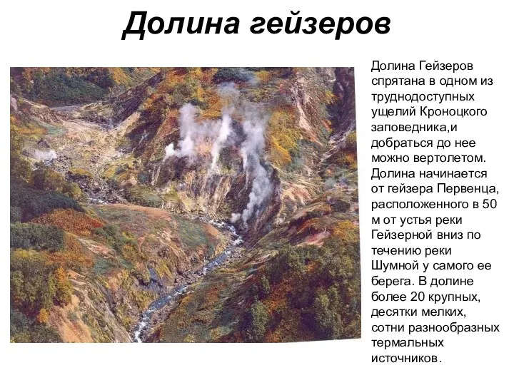 Долина гейзеров Долина Гейзеров спрятана в одном из труднодоступных ущелий Кроноцкого заповедника,и добраться