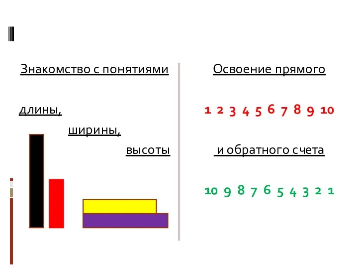 Знакомство с понятиями длины, ширины, высоты Освоение прямого 1 2