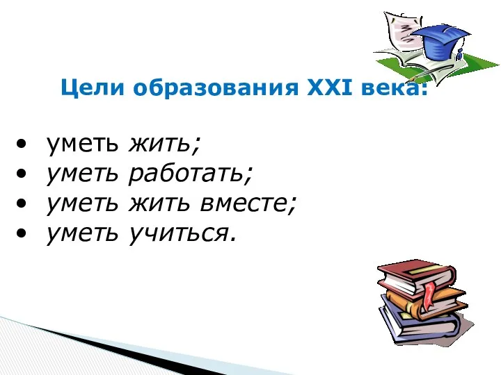 Цели образования XXI века: уметь жить; уметь работать; уметь жить вместе; уметь учиться.