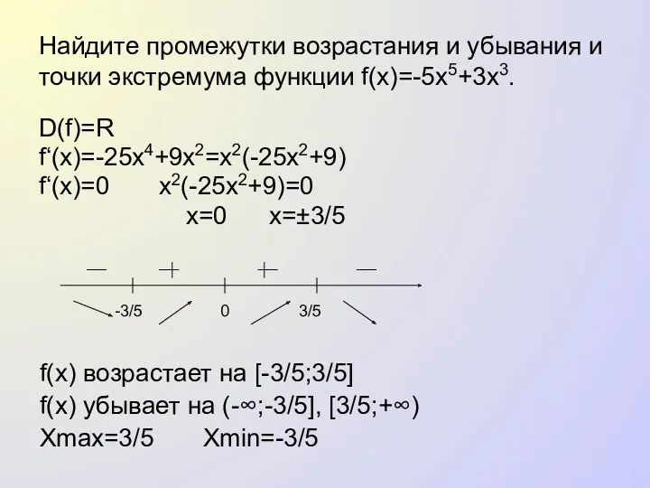 Найдите промежутки возрастания и убывания и точки экстремума функции f(x)=-5x5+3x3.
