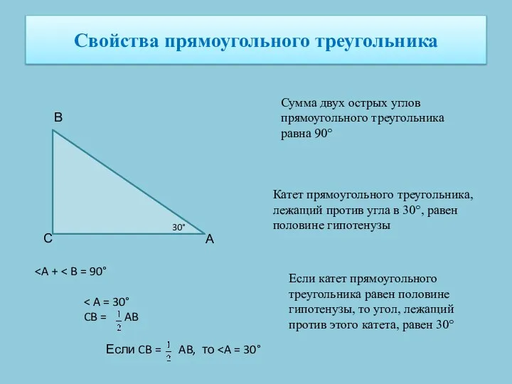 Свойства прямоугольного треугольника Сумма двух острых углов прямоугольного треугольника равна 90° Катет прямоугольного