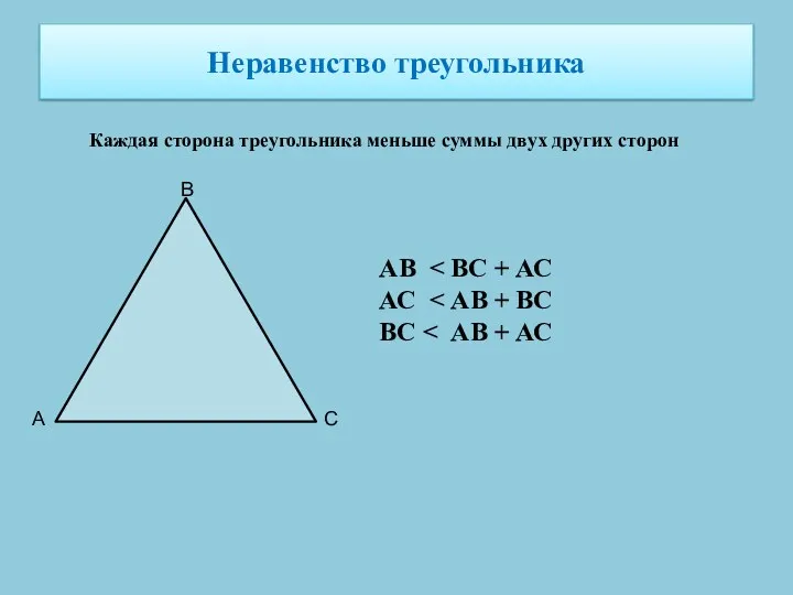 Неравенство треугольника Каждая сторона треугольника меньше суммы двух других сторон А В С АВ АС ВС