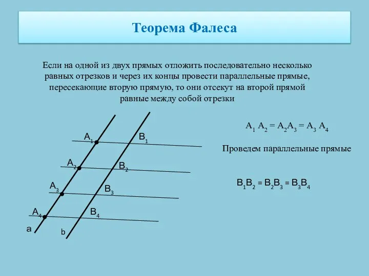 Теорема Фалеса Если на одной из двух прямых отложить последовательно