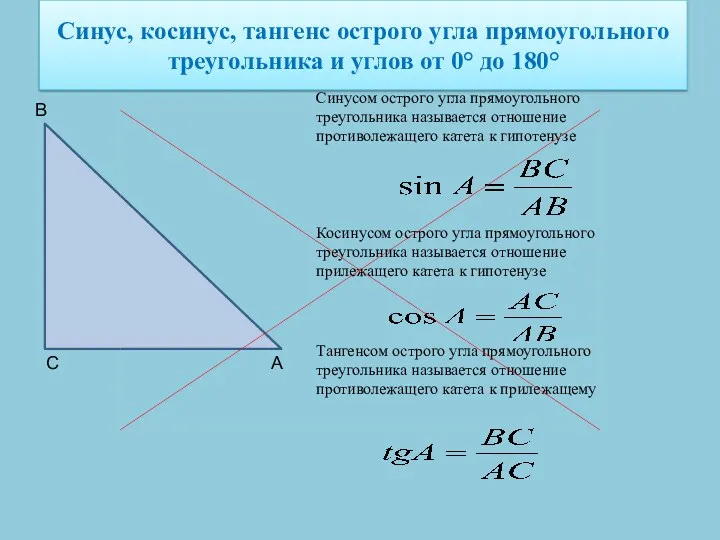 Синус, косинус, тангенс острого угла прямоугольного треугольника и углов от