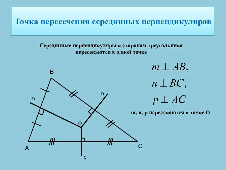 Точка пересечения серединных перпендикуляров Серединные перпендикуляры к сторонам треугольника пересекаются в одной точке
