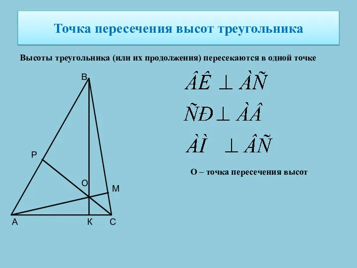 Точка пересечения высот треугольника Высоты треугольника (или их продолжения) пересекаются