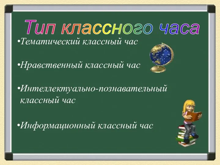 Тематический классный час Нравственный классный час Интеллектуально-познавательный классный час Информационный классный час Тип классного часа