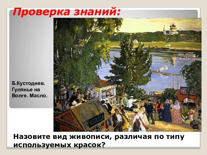 Проверка знаний: Назовите вид живописи, различая по типу используемых красок? Б.Кустодиев. Гулянье на Волге. Масло.