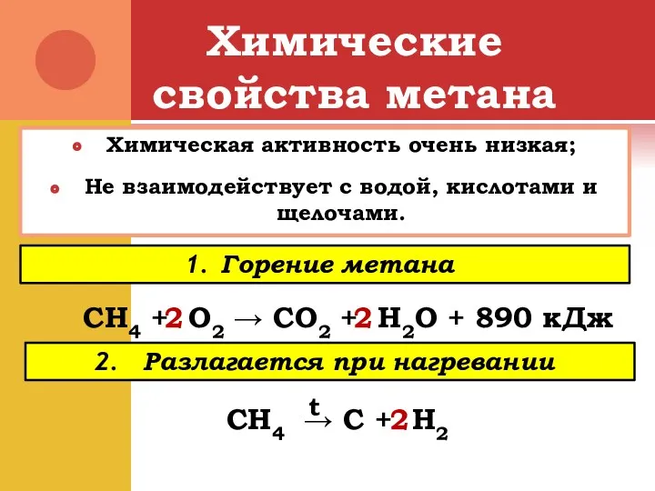 Химические свойства метана Химическая активность очень низкая; Не взаимодействует с водой, кислотами и