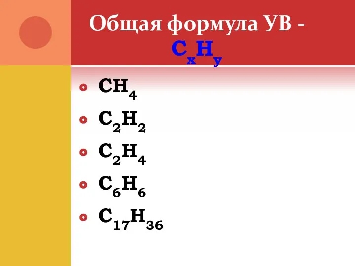 Общая формула УВ - СxHy CH4 C2H2 C2H4 C6H6 C17H36