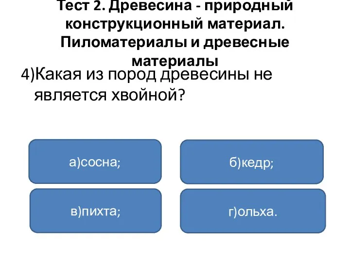 Тест 2. Древесина - природный конструкционный материал. Пиломатериалы и древесные