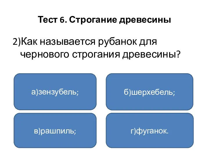 Тест 6. Строгание древесины 2)Как называется рубанок для чернового строгания древесины? а)зензубель; в)рашпиль; г)фуганок. б)шерхебель;