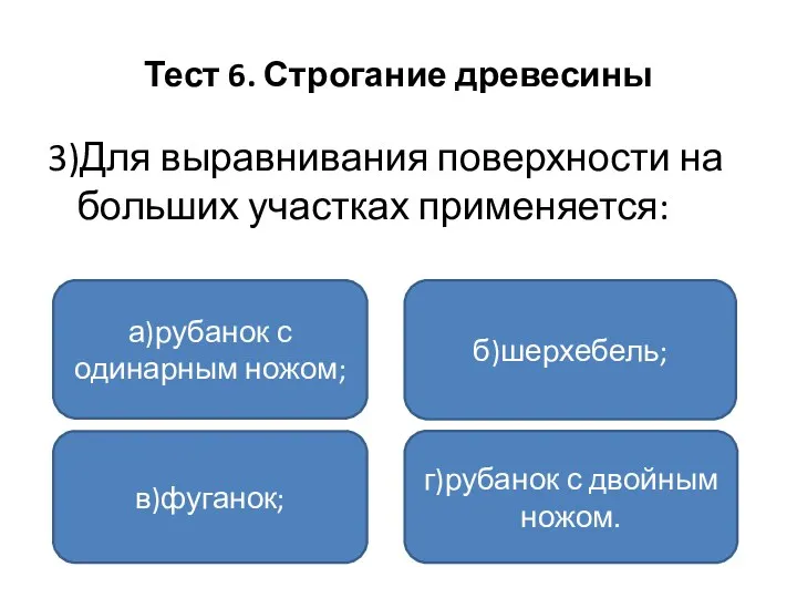 Тест 6. Строгание древесины 3)Для выравнивания поверхности на больших участках