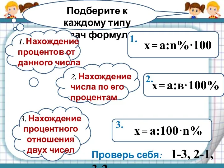 Подберите к каждому типу задач формулу: 2. Нахождение числа по