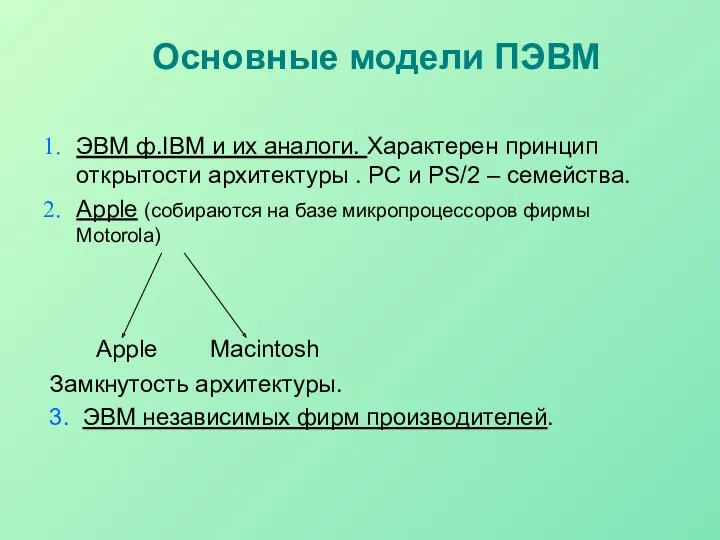 Основные модели ПЭВМ ЭВМ ф.IBM и их аналоги. Характерен принцип открытости архитектуры .