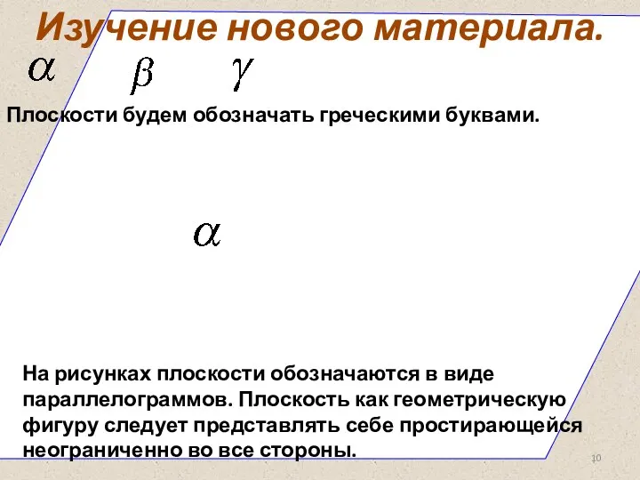 Плоскости будем обозначать греческими буквами. На рисунках плоскости обозначаются в