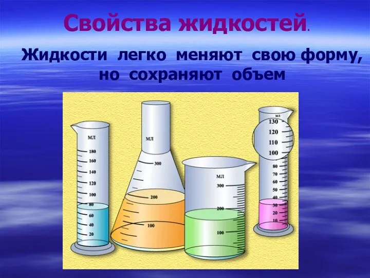 Свойства жидкостей. Жидкости легко меняют свою форму, но сохраняют объем