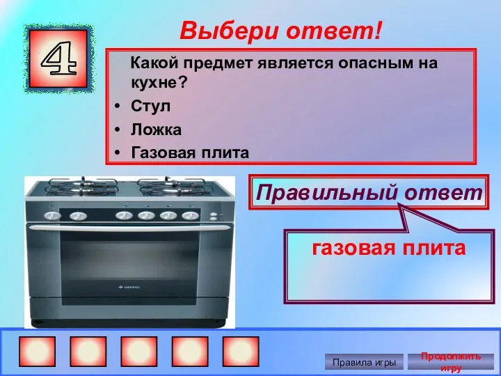 Выбери ответ! Какой предмет является опасным на кухне? Стул Ложка