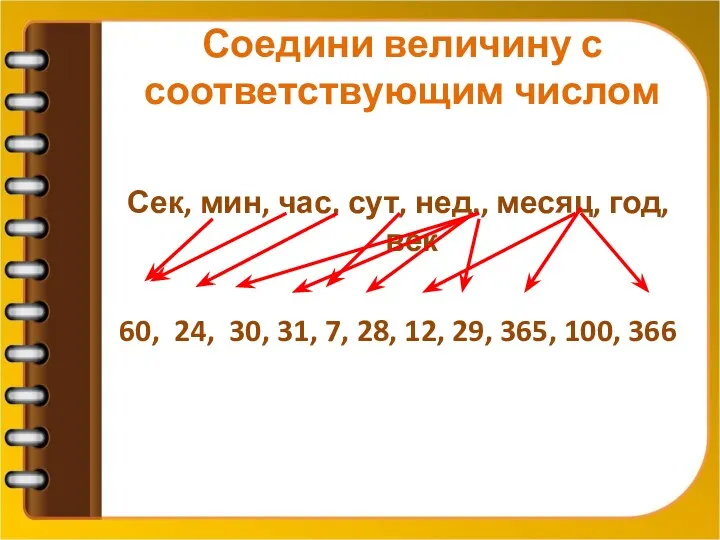 Соедини величину с соответствующим числом Сек, мин, час, сут, нед.,