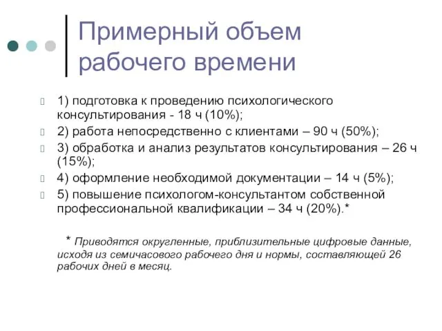 Примерный объем рабочего времени 1) подготовка к проведению психологического консультирования