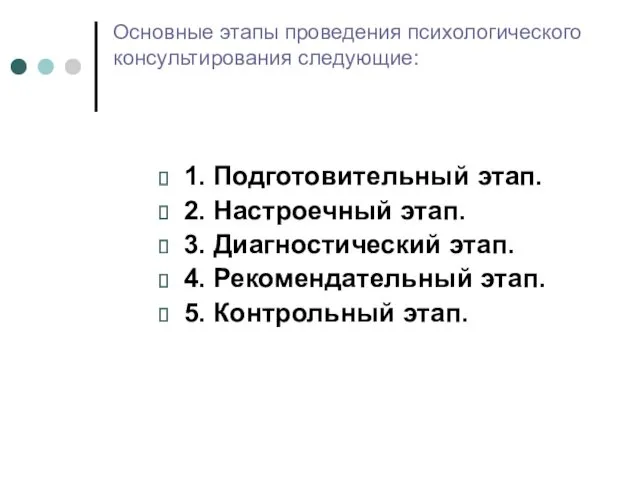 Основные этапы проведения психологического консультирования следующие: 1. Подготовительный этап. 2.