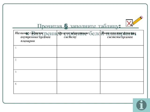 Прочитав § заполните таблицу: « Внутреннее строение белой планарии».