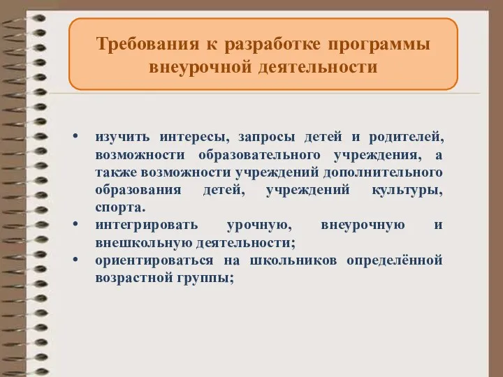 Требования к разработке программы внеурочной деятельности изучить интересы, запросы детей