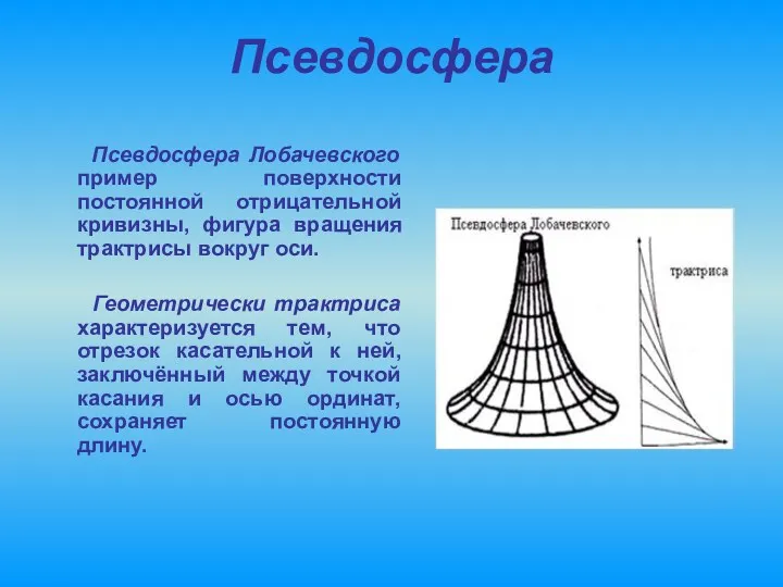 Псевдосфера Псевдосфера Лобачевского пример поверхности постоянной отрицательной кривизны, фигура вращения