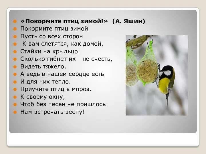 «Покормите птиц зимой!» (А. Яшин) Покормите птиц зимой Пусть со всех сторон К