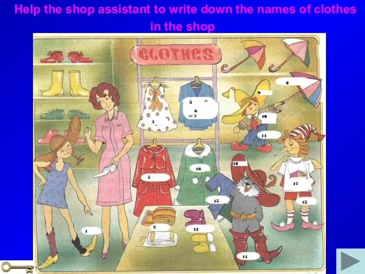 Help the shop assistant to write down the names of clothes in the shop